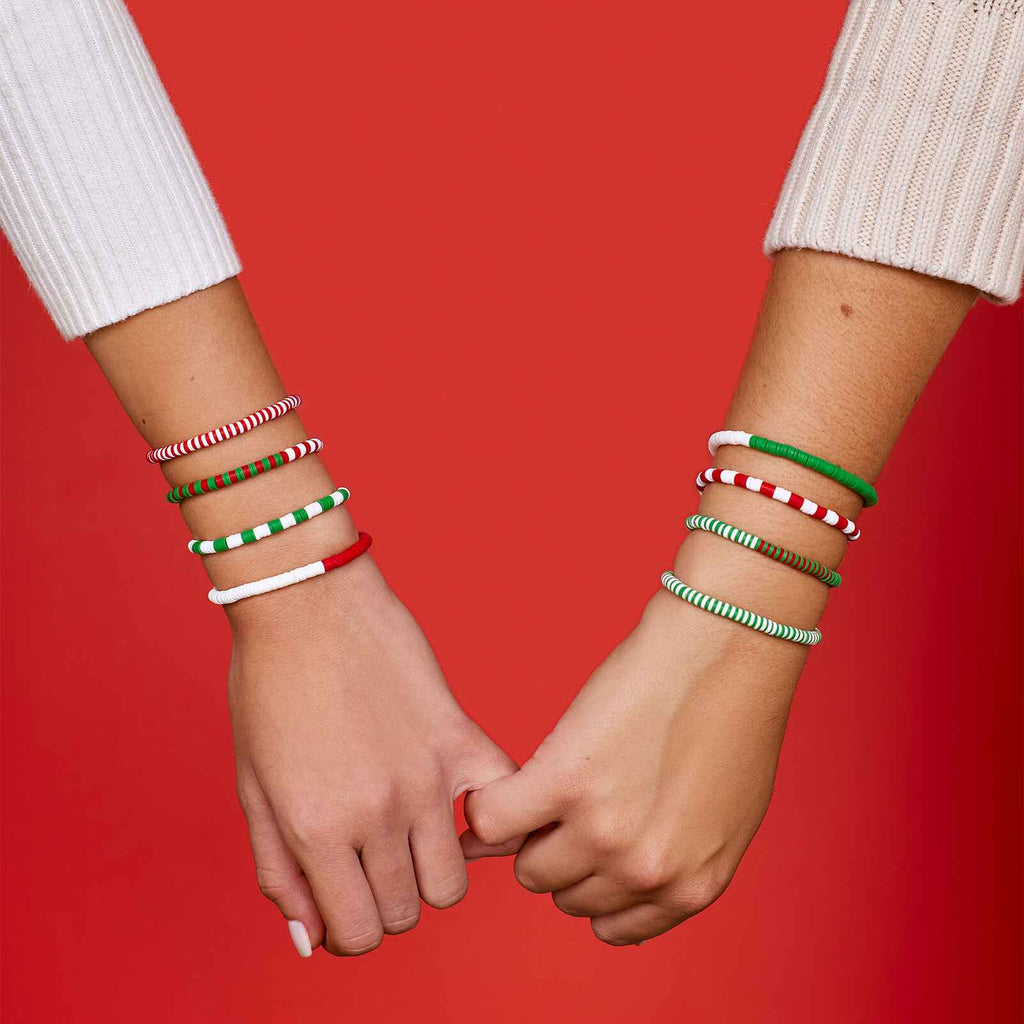Red, Green & White Stretch Bracelet Set of 8